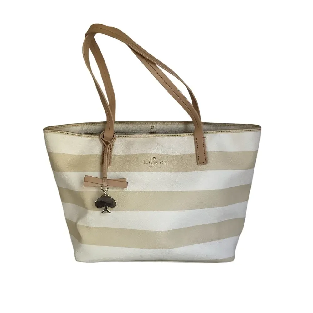 Kate Spade New York Striped Tote Bag Cream Beige Spade Charm Bow Shopper